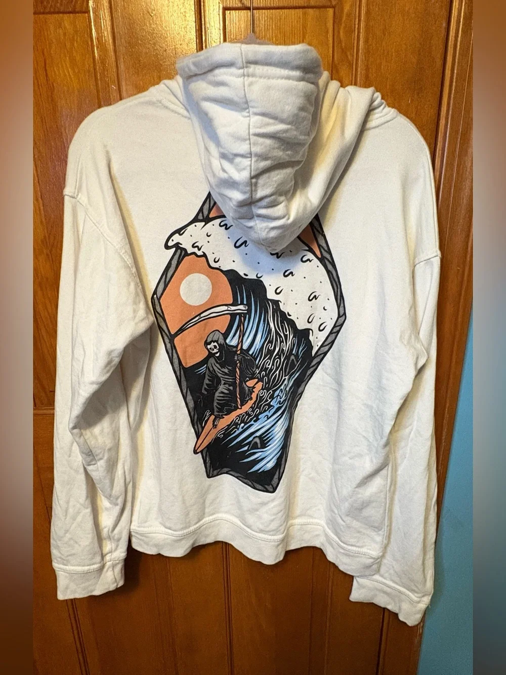 Call Your Mother Grim Reaper Surf Graphic Hoodie Unisex Large Cream